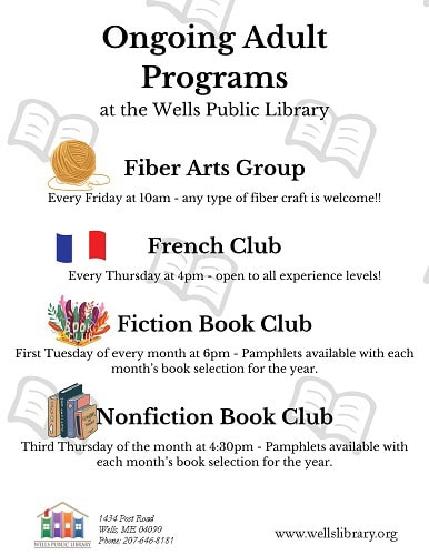 Ongoing Adult Programs at the Wells Public Library, full description in the PDF linked to this image