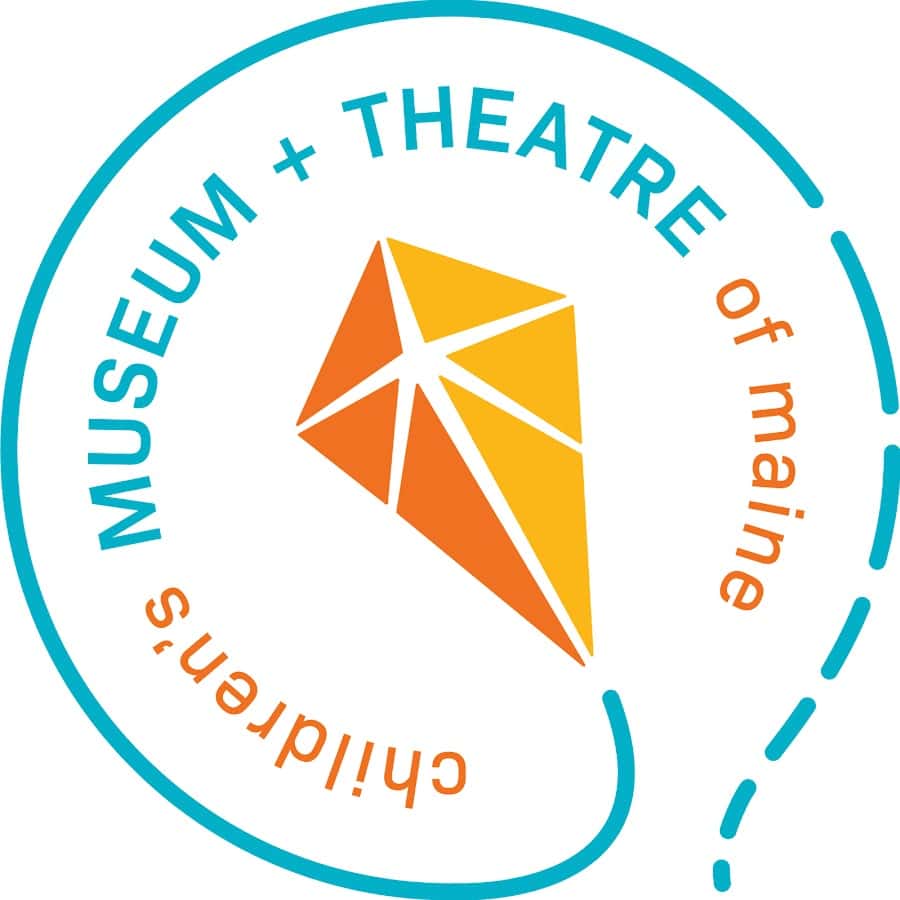 Logo for the Children’s Museum & Theatre of Maine featuring a stylized orange and yellow kite in the center, with the name arranged in a circular path around the kite and a dashed curved blue line on the right.