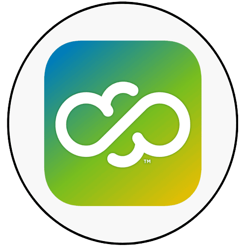 A white infinity symbol resembling clouds is centered on a rounded square with a blue-to-green gradient background, all enclosed within a black circle.