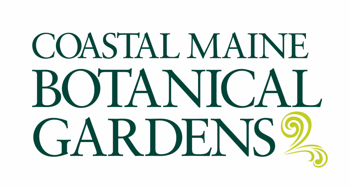 The logo for Coastal Maine Botanical Gardens features the organization’s name in green, uppercase serif letters, with a yellow-green spiral leaf design beside the word GARDENS.