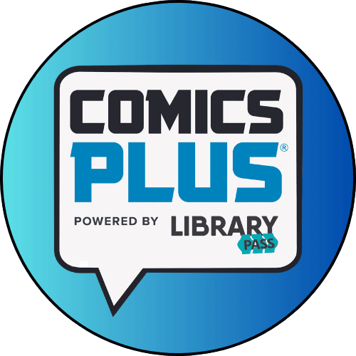 Logo of Comics Plus powered by Library Pass. The text is inside a speech bubble on a blue gradient circular background.