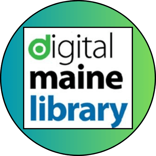 Digital Maine Library logo featuring the words digital maine library in black and blue text, with a green d symbol. The logo is set inside a white box with a green-to-blue gradient circular border.