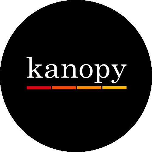 The Kanopy logo features the word kanopy in white lowercase letters on a black circle, with four horizontal bars in red, orange, and yellow shades underneath.