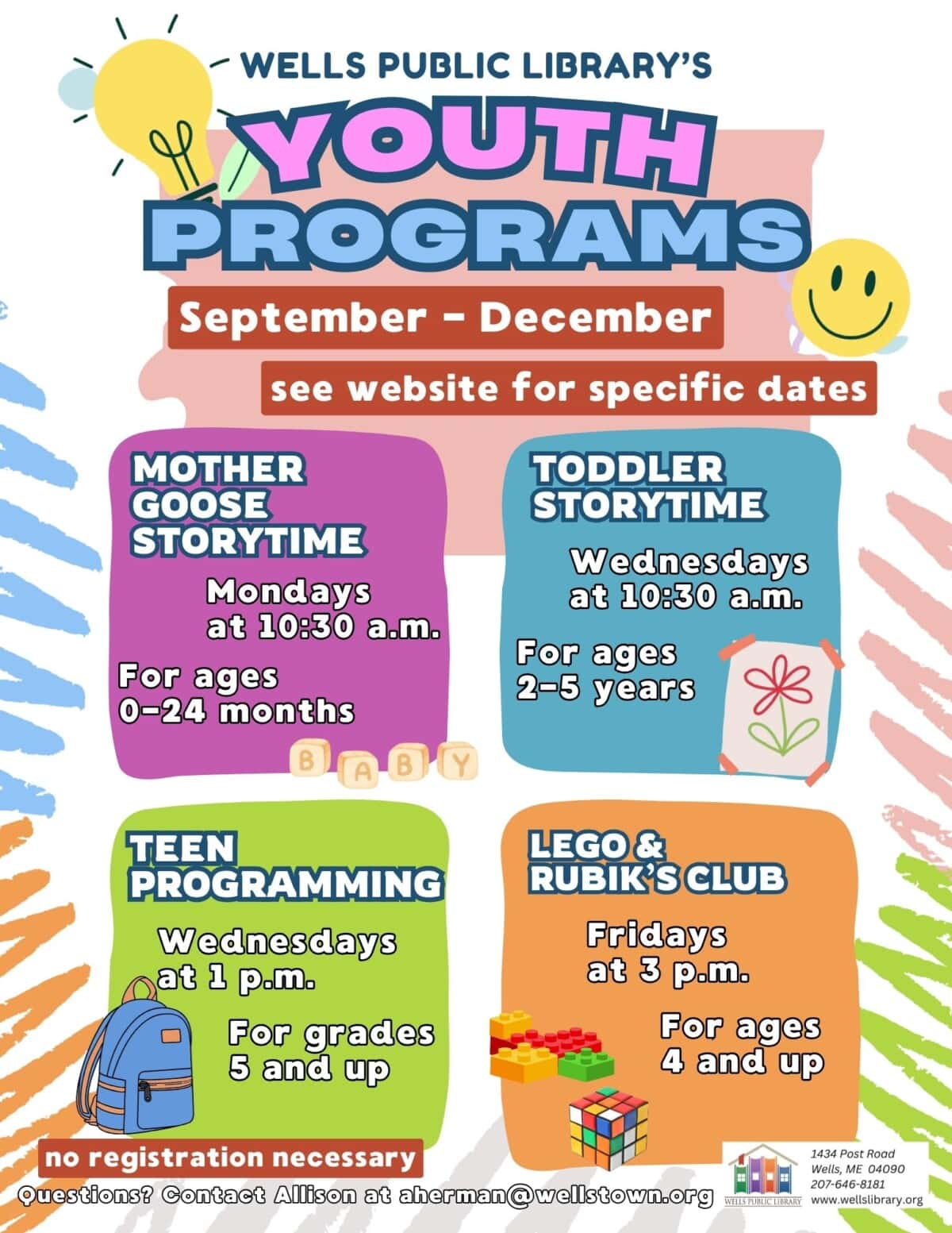 Wells Public Library's Youth Programs September - December, full description in the PDF linked to this image